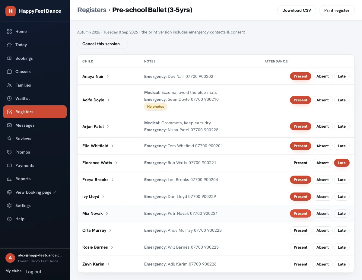 The one-tap register with medical notes